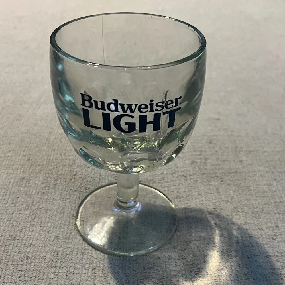 Vintage Budweiser Light Stemmed Goblet Beer Glass Blue Black Logo Barware Clear